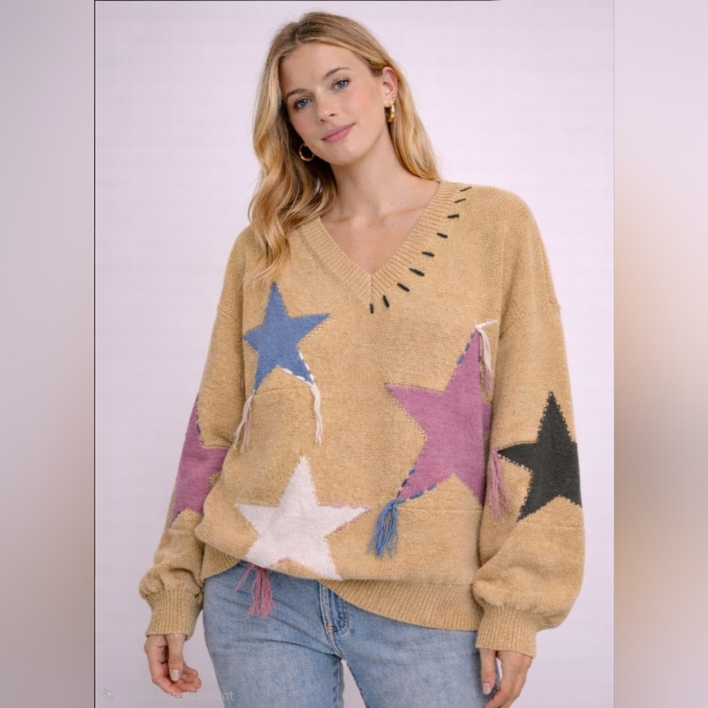 POL Tan V-Neck Sweater with Star Patterns